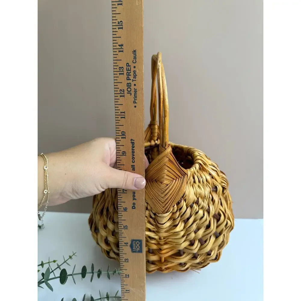 Vintage Handwoven Banana Leaf Basket with Handle | Cottagecore Farmhouse Rustic
